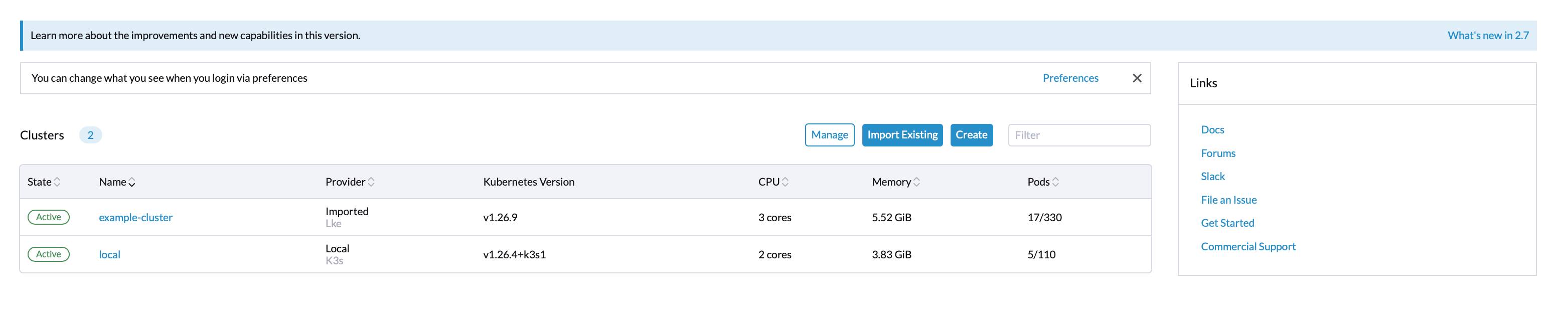 Rancher home page - new cluster highlighted